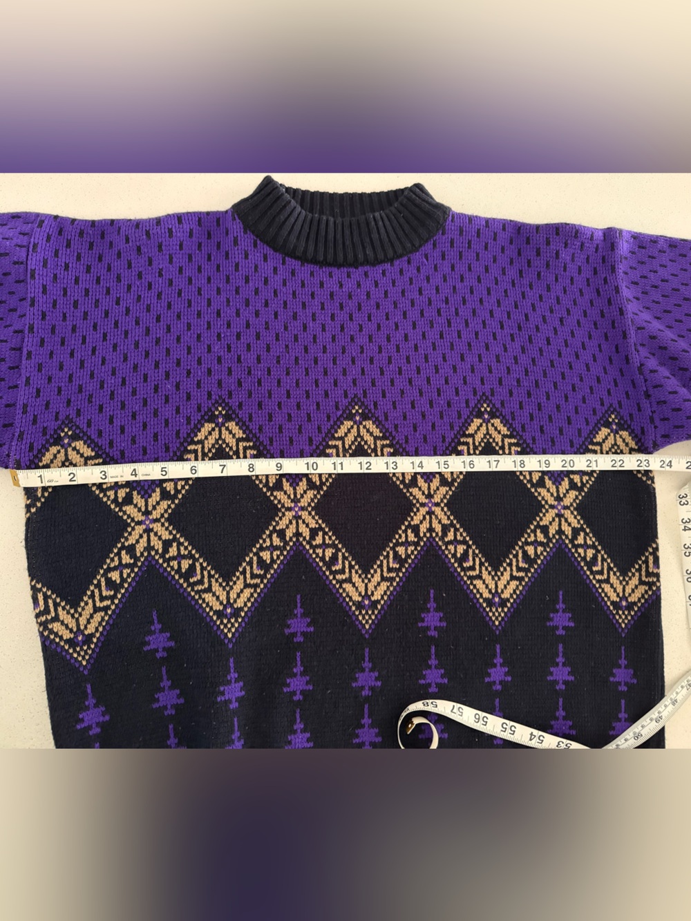 Vtg 80s 90s Knit Sweater Purple Diamond Geometric Crewneck Pullover 23.5x24.75 - Picture 5 of 9